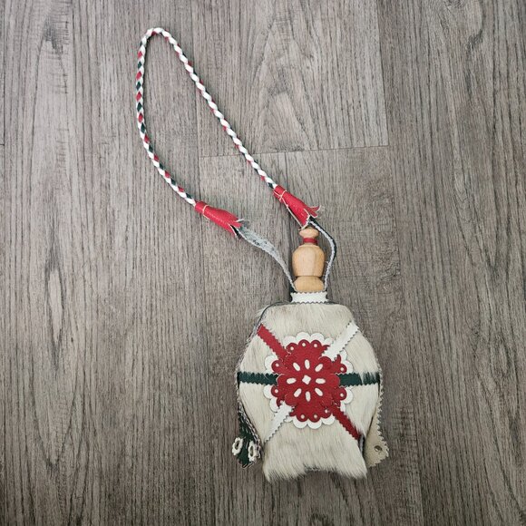 Vintage Hungarian Leather & Cowhide Decorative Canteen Flask – Red Green White - Picture 2 of 9